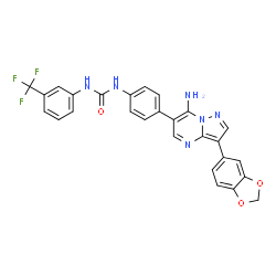 ChemSpider 2D Image | 1-{4-[7-Amino-3-(1,3-benzodioxol-5-yl)pyrazolo[1,5-a]pyrimidin-6-yl]phenyl}-3-[3-(trifluoromethyl)phenyl]urea | C27H19F3N6O3