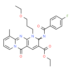ChemSpider 2D Image | Ethyl 1-(3-ethoxypropyl)-2-[(4-fluorobenzoyl)imino]-10-methyl-5-oxo-1,5-dihydro-2H-dipyrido[1,2-a:2',3'-d]pyrimidine-3-carboxylate | C27H27FN4O5