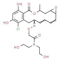 ChemSpider 2D Image | 2-{[(8-Chloro-9,11-dihydroxy-14-methyl-12-oxo-1a,7,12,14,15,15a-hexahydro-6H-oxireno[e][2]benzoxacyclotetradecin-6-ylidene)amino]oxy}-N,N-bis(2-hydroxyethyl)acetamide | C24H29ClN2O9