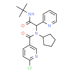 ChemSpider 2D Image | 6-Chloro-N-cyclopentyl-N-{2-[(2-methyl-2-propanyl)amino]-2-oxo-1-(2-pyridinyl)ethyl}nicotinamide | C22H27ClN4O2