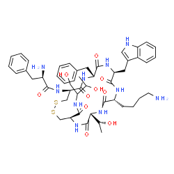 ChemSpider 2D Image | (4R,7R,10R,13S,16R,19S)-10-(4-Aminobutyl)-16-benzyl-N-(1,3-dihydroxy-2-butanyl)-7-[(1R)-1-hydroxyethyl]-13-(1H-indol-3-ylmethyl)-6,9,12,15,18-pentaoxo-19-(D-phenylalanylamino)-1,2-dithia-5,8,11,14,17-
pentaazacycloicosane-4-carboxamide | C49H66N10O10S2