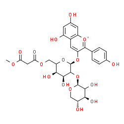 ChemSpider 2D Image | 5,7-Dihydroxy-2-(4-hydroxyphenyl)-3-chromeniumyl 6-O-(3-methoxy-3-oxopropanoyl)-2-O-[(2xi)-beta-D-threo-pentopyranosyl]-alpha-L-erythro-hexopyranoside | C30H33O17