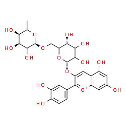 ChemSpider 2D Image | 2-(3,4-Dihydroxyphenyl)-5,7-dihydroxy-3-chromeniumyl 6-O-(6-deoxy-alpha-L-erythro-hexopyranosyl)-alpha-L-glycero-hexopyranoside | C27H31O15