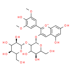 ChemSpider 2D Image | 5,7-Dihydroxy-2-(4-hydroxy-3,5-dimethoxyphenyl)-3-chromeniumyl 2-O-beta-D-erythro-hexopyranosyl-beta-D-glycero-hexopyranoside | C29H35O17