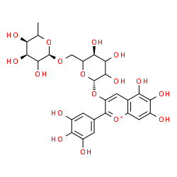 ChemSpider 2D Image | 5,6,7-Trihydroxy-2-(3,4,5-trihydroxyphenyl)-3-chromeniumyl 6-O-(6-deoxy-alpha-L-erythro-hexopyranosyl)-beta-D-glycero-hexopyranoside | C27H31O17