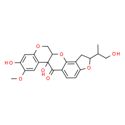 ChemSpider 2D Image | 6a,9-Dihydroxy-2-(1-hydroxy-2-propanyl)-8-methoxy-1,2,12,12a-tetrahydrochromeno[3,4-b]furo[2,3-h]chromen-6(6aH)-one | C22H22O8