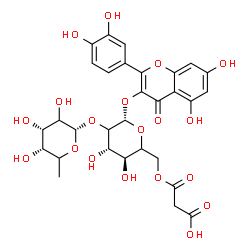 ChemSpider 2D Image | 2-(3,4-Dihydroxyphenyl)-5,7-dihydroxy-4-oxo-4H-chromen-3-yl 6-O-(carboxyacetyl)-2-O-(6-deoxy-alpha-L-erythro-hexopyranosyl)-beta-D-threo-hexopyranoside | C30H32O19
