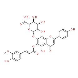 ChemSpider 2D Image | 5-Hydroxy-6-{[(2E)-3-(4-hydroxy-3-methoxyphenyl)-2-propenoyl]oxy}-2-(4-hydroxyphenyl)-4-oxo-4H-chromen-7-yl beta-D-threo-hexopyranosiduronic acid | C31H26O15