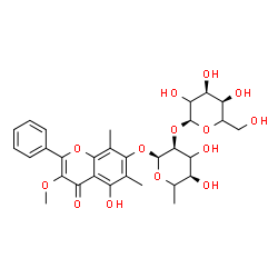 ChemSpider 2D Image | 5-Hydroxy-3-methoxy-6,8-dimethyl-4-oxo-2-phenyl-4H-chromen-7-yl 6-deoxy-2-O-alpha-L-erythro-hexopyranosyl-alpha-L-erythro-hexopyranoside | C30H36O14