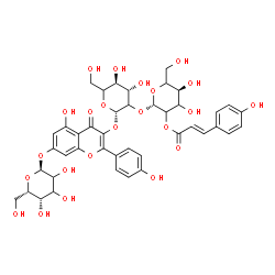ChemSpider 2D Image | 7-(alpha-L-threo-Hexopyranosyloxy)-5-hydroxy-2-(4-hydroxyphenyl)-4-oxo-4H-chromen-3-yl 2-O-{2-O-[(2E)-3-(4-hydroxyphenyl)-2-propenoyl]-beta-D-glycero-hexopyranosyl}-beta-D-threo-hexopyranoside | C42H46O23