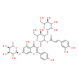 ChemSpider 2D Image | 3-({2-O-[(2E)-3-(3,4-Dihydroxyphenyl)-2-propenoyl]-3-O-(beta-D-glycero-hexopyranosyl)-beta-D-threo-hexopyranosyl}oxy)-5-hydroxy-2-(4-hydroxyphenyl)-4-oxo-4H-chromen-7-yl 6-deoxy-alpha-L-erythro-hexopy
ranoside | C42H46O23