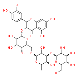 ChemSpider 2D Image | 2-(3,4-Dihydroxyphenyl)-5,7-dihydroxy-4-oxo-4H-chromen-3-yl beta-D-threo-hexopyranosyl-(1->3)-6-deoxy-alpha-L-erythro-hexopyranosyl-(1->6)-alpha-L-glycero-hexopyranoside | C33H40O21