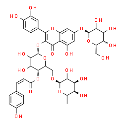ChemSpider 2D Image | 2-(3,4-Dihydroxyphenyl)-7-(alpha-L-threo-hexopyranosyloxy)-5-hydroxy-4-oxo-4H-chromen-3-yl 6-O-(6-deoxy-alpha-L-erythro-hexopyranosyl)-4-O-[(2Z)-3-(4-hydroxyphenyl)-2-propenoyl]-alpha-L-glycero-hexopy
ranoside | C42H46O23