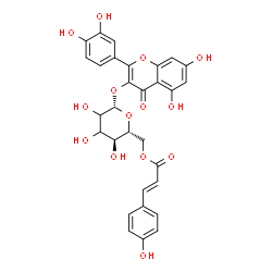 ChemSpider 2D Image | 2-(3,4-Dihydroxyphenyl)-5,7-dihydroxy-4-oxo-4H-chromen-3-yl 6-O-[(2E)-3-(4-hydroxyphenyl)-2-propenoyl]-beta-D-erythro-hexopyranoside | C30H26O14