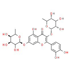 ChemSpider 2D Image | 3-[(6-Deoxy-alpha-L-erythro-hexopyranosyl)oxy]-2-(3,4-dihydroxyphenyl)-5-hydroxy-4-oxo-4H-chromen-7-yl 6-deoxy-alpha-L-erythro-hexopyranoside | C27H30O15