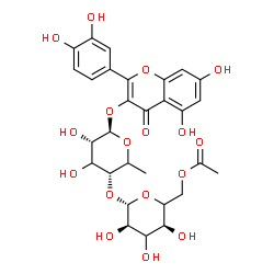 ChemSpider 2D Image | 2-(3,4-Dihydroxyphenyl)-5,7-dihydroxy-4-oxo-4H-chromen-3-yl 4-O-(6-O-acetyl-beta-D-erythro-hexopyranosyl)-6-deoxy-beta-L-erythro-hexopyranoside | C29H32O17