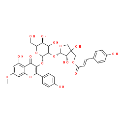 ChemSpider 2D Image | 5-Hydroxy-2-(4-hydroxyphenyl)-7-methoxy-4-oxo-4H-chromen-3-yl 2-O-[(2S,3S)-3,4-dihydroxy-4-({[(2E)-3-(4-hydroxyphenyl)-2-propenoyl]oxy}methyl)tetrahydro-2-furanyl]-beta-D-glycero-hexopyranoside | C36H36O17