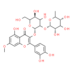 ChemSpider 2D Image | 2-(3,4-Dihydroxyphenyl)-5-hydroxy-7-methoxy-4-oxo-4H-chromen-3-yl 2-O-(6-deoxy-alpha-L-erythro-hexopyranosyl)-beta-D-glycero-hexopyranoside | C28H32O16