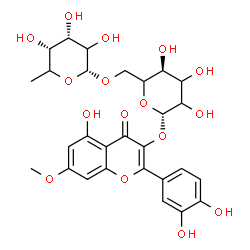 ChemSpider 2D Image | 2-(3,4-Dihydroxyphenyl)-5-hydroxy-7-methoxy-4-oxo-4H-chromen-3-yl 6-O-(6-deoxy-alpha-L-erythro-hexopyranosyl)-beta-D-glycero-hexopyranoside | C28H32O16