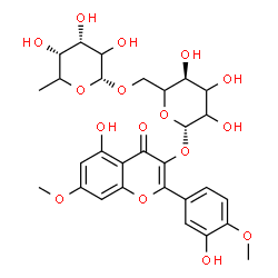 ChemSpider 2D Image | 5-Hydroxy-2-(3-hydroxy-4-methoxyphenyl)-7-methoxy-4-oxo-4H-chromen-3-yl 6-O-(6-deoxy-alpha-L-erythro-hexopyranosyl)-beta-D-glycero-hexopyranoside | C29H34O16