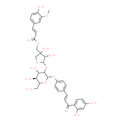 ChemSpider 2D Image | 4-[(1E)-3-(2,4-Dihydroxyphenyl)-3-oxo-1-propen-1-yl]phenyl 2-O-[(2S,3S)-3,4-dihydroxy-4-({[(2E)-3-(4-hydroxy-3-methoxyphenyl)-2-propenoyl]oxy}methyl)tetrahydro-2-furanyl]-beta-D-threo-hexopyranoside | C36H38O16