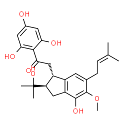 ChemSpider 2D Image | 2-[(1S,2R)-4-Hydroxy-2-(2-hydroxy-2-propanyl)-5-methoxy-6-(3-methyl-2-buten-1-yl)-2,3-dihydro-1H-inden-1-yl]-1-(2,4,6-trihydroxyphenyl)ethanone | C26H32O7