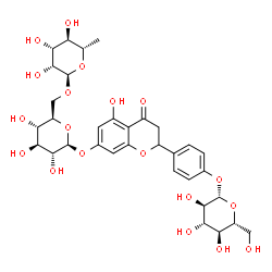 ChemSpider 2D Image | 2-[4-(beta-D-Glucopyranosyloxy)phenyl]-5-hydroxy-4-oxo-3,4-dihydro-2H-chromen-7-yl 6-O-(6-deoxy-alpha-L-mannopyranosyl)-beta-D-glucopyranoside | C33H42O19