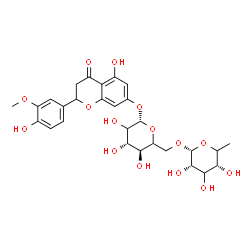 ChemSpider 2D Image | 5-Hydroxy-2-(4-hydroxy-3-methoxyphenyl)-4-oxo-3,4-dihydro-2H-chromen-7-yl 6-O-(6-deoxy-alpha-L-erythro-hexopyranosyl)-beta-D-threo-hexopyranoside | C28H34O15