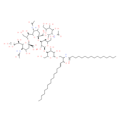 ChemSpider 2D Image | (2S,3R,4E)-3-Hydroxy-2-(palmitoylamino)-4-octadecen-1-yl (4xi)-5-acetamido-6-[(1S,2R)-2-({(4xi)-5-acetamido-3,5-dideoxy-6-[(1R,2R)-1,2,3-trihydroxypropyl]-beta-L-glycero-hex-2-ulopyranonosyl}oxy)-1,3-
dihydroxypropyl]-3,5-dideoxy-beta-L-glycero-hex-2-ulopyranonosyl-(2->3)-[2-acetamido-2-deoxy-alpha-L-erythro-hexopyranosyl-(1->4)]-alpha-L-erythro-hexopyranosyl-(1->4)-beta-D-threo-hexopyranoside | C76H134N4O34