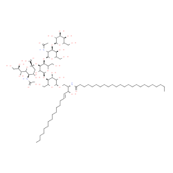 ChemSpider 2D Image | (2S,3R,4E)-3-Hydroxy-2-(tetracosanoylamino)-4-octadecen-1-yl (4xi)-5-acetamido-3,5-dideoxy-6-[(1R,2R)-1,2,3-trihydroxypropyl]-beta-L-glycero-hex-2-ulopyranonosyl-(2->3)-[alpha-L-erythro-hexopyranosyl-
(1->3)-2-acetamido-2-deoxy-alpha-L-erythro-hexopyranosyl-(1->4)]-alpha-L-erythro-hexopyranosyl-(1->4)-beta-D-threo-hexopyranoside | C79H143N3O31