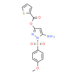 ChemSpider 2D Image | 5-Amino-1-[(4-methoxyphenyl)sulfonyl]-1H-pyrazol-3-yl 2-thiophenecarboxylate | C15H13N3O5S2
