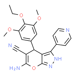 ChemSpider 2D Image | 6-Amino-4-(4-ethoxy-3,5-dimethoxyphenyl)-3-(4-pyridinyl)-2,4-dihydropyrano[2,3-c]pyrazole-5-carbonitrile | C22H21N5O4