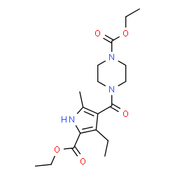 ChemSpider 2D Image | Ethyl 4-{[5-(ethoxycarbonyl)-4-ethyl-2-methyl-1H-pyrrol-3-yl]carbonyl}-1-piperazinecarboxylate | C18H27N3O5