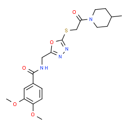 ChemSpider 2D Image | 3,4-Dimethoxy-N-[(5-{[2-(4-methyl-1-piperidinyl)-2-oxoethyl]sulfanyl}-1,3,4-oxadiazol-2-yl)methyl]benzamide | C20H26N4O5S