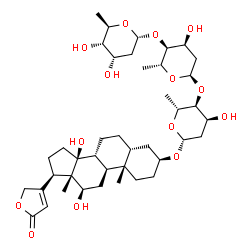 ChemSpider 2D Image | (3beta,5beta,12beta)-3-{[2,6-Dideoxy-alpha-D-ribo-hexopyranosyl-(1->4)-2,6-dideoxy-alpha-D-ribo-hexopyranosyl-(1->4)-2,6-dideoxy-beta-D-ribo-hexopyranosyl]oxy}-12,14-dihydroxycard-20(22)-enolide | C41H64O14