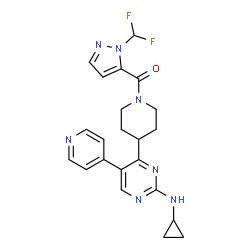 ChemSpider 2D Image | {4-[2-(Cyclopropylamino)-5-(4-pyridinyl)-4-pyrimidinyl]-1-piperidinyl}[1-(difluoromethyl)-1H-pyrazol-5-yl]methanone | C22H23F2N7O