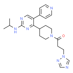 ChemSpider 2D Image | 1-{4-[2-(Isopropylamino)-5-(4-pyridinyl)-4-pyrimidinyl]-1-piperidinyl}-3-(1H-1,2,4-triazol-1-yl)-1-propanone | C22H28N8O
