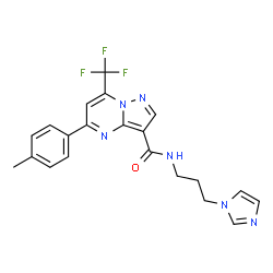 ChemSpider 2D Image | N-[3-(1H-Imidazol-1-yl)propyl]-5-(4-methylphenyl)-7-(trifluoromethyl)pyrazolo[1,5-a]pyrimidine-3-carboxamide | C21H19F3N6O