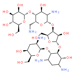 ChemSpider 2D Image | (1S,2S,3R)-4,6-Diamino-3-hydroxy-2-{[alpha-L-mannopyranosyl-(1->4)-(2xi)-2,6-diamino-2,6-dideoxy-beta-D-xylo-hexopyranosyl-(1->3)-alpha-L-lyxofuranosyl]oxy}cyclohexyl 2-amino-2,3-dideoxy-beta-L-lyxo-h
exopyranoside | C29H55N5O18