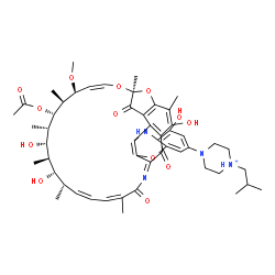 ChemSpider 2D Image | 4-[(7S,9Z,11S,12S,13S,14S,15S,16R,17S,18S,19Z,21Z,24E)-13-Acetoxy-2,15,17,32-tetrahydroxy-11-methoxy-3,7,12,14,16,18,22-heptamethyl-6,23,37-trioxo-8,27,38-trioxa-24,34-diazahexacyclo[23.11.1.1~4,7~.0~
5,36~.0~26,35~.0~28,33~]octatriaconta-1(36),2,4,9,19,21,24,26(35),28,30,32-undecaen-30-yl]-1-isobutylpiperazin-1-ium | C51H65N4O13