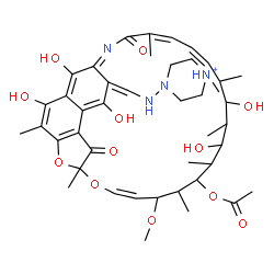 ChemSpider 2D Image | 4-({[(9Z,19Z,24E)-13-Acetoxy-2,15,17,27,29-pentahydroxy-11-methoxy-3,7,12,14,16,18,22-heptamethyl-6,23-dioxo-8,30-dioxa-24-azatetracyclo[23.3.1.1~4,7~.0~5,28~]triaconta-1(29),2,4,9,19,21,24,27-octaen-
26-ylidene]methyl}amino)-1-methylpiperazin-1-ium | C43H59N4O12