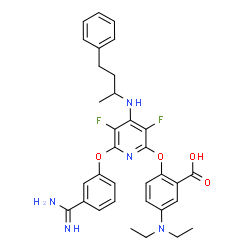 ChemSpider 2D Image | 2-({6-(3-Carbamimidoylphenoxy)-3,5-difluoro-4-[(4-phenyl-2-butanyl)amino]-2-pyridinyl}oxy)-5-(diethylamino)benzoic acid | C33H35F2N5O4