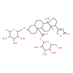 ChemSpider 2D Image | 3,4,5-Trihydroxy-6-(hydroxymethyl)tetrahydro-2H-pyran-2-yl 14-hydroxy-13-methyl-17-(5-oxo-2,5-dihydro-3-furanyl)-3-[(3,4,5-trihydroxy-6-methyltetrahydro-2H-pyran-2-yl)oxy]hexadecahydro-10H-cyclopenta[
a]phenanthrene-10-carboxylate | C35H52O15