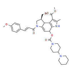 ChemSpider 2D Image | Methyl (8S)-4-[(1,4'-bipiperidin-1'-ylcarbonyl)oxy]-8-(bromomethyl)-6-[(2E)-3-(4-methoxyphenyl)-2-propenoyl]-2-methyl-3,4,6,7,8,8a-hexahydropyrrolo[3,2-e]indole-1-carboxylate | C35H43BrN4O6