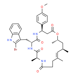 ChemSpider 2D Image | (4R,7R,10S,15E,17R,19S)-7-[(2-Bromo-1H-indol-3-yl)methyl]-4-(4-methoxyphenyl)-10,15,17,19-tetramethyl-1-oxa-5,8,11-triazacyclononadec-15-ene-2,6,9,12-tetrone | C35H43BrN4O6