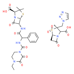ChemSpider 2D Image | (2S,5R,6R)-6-{[{[(4-Ethyl-2,3-dioxo-1-piperazinyl)carbonyl]amino}(phenyl)acetyl]amino}-3,3-dimethyl-7-oxo-4-thia-1-azabicyclo[3.2.0]heptane-2-carboxylic acid - (3S,5R)-3-methyl-7-oxo-3-(1H-1,2,3-triaz
ol-1-ylmethyl)-4-thia-1-azabicyclo[3.2.0]heptane-2-carboxylic acid 4,4-dioxide (1:1) | C33H39N9O12S2