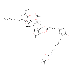 ChemSpider 2D Image | (3S,3aR,4S,6S,6aR,7S,8S,9R,9aS,9bS)-6-Acetoxy-3,3a-dihydroxy-4-[(4-{4-hydroxy-3-[6-({[(2-methyl-2-propanyl)oxy]carbonyl}amino)hexyl]phenyl}butanoyl)oxy]-3,6,9-trimethyl-8-{[(2Z)-2-methyl-2-butenoyl]ox
y}-2-oxododecahydroazuleno[4,5-b]furan-7-yl octanoate | C51H77NO15