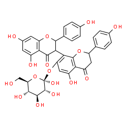 ChemSpider 2D Image | 5,5',7-Trihydroxy-2,2'-bis(4-hydroxyphenyl)-7'-{[(2R,3R,4S,5S,6R)-2,3,4,5-tetrahydroxy-6-(hydroxymethyl)tetrahydro-2H-pyran-2-yl]oxy}-2,2',3,3'-tetrahydro-4H,4'H-3,8'-bichromene-4,4'-dione (non-prefer
red name) | C36H32O16