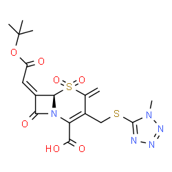 ChemSpider 2D Image | (6R,7Z)-4-Methylene-7-{2-[(2-methyl-2-propanyl)oxy]-2-oxoethylidene}-3-{[(1-methyl-1H-tetrazol-5-yl)sulfanyl]methyl}-8-oxo-5-thia-1-azabicyclo[4.2.0]oct-2-ene-2-carboxylic acid 5,5-dioxide | C17H19N5O7S2