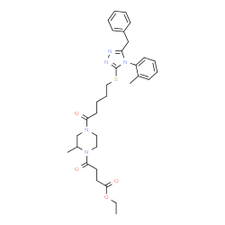 ChemSpider 2D Image | Ethyl 4-[4-(5-{[5-benzyl-4-(2-methylphenyl)-4H-1,2,4-triazol-3-yl]sulfanyl}pentanoyl)-2-methyl-1-piperazinyl]-4-oxobutanoate | C32H41N5O4S